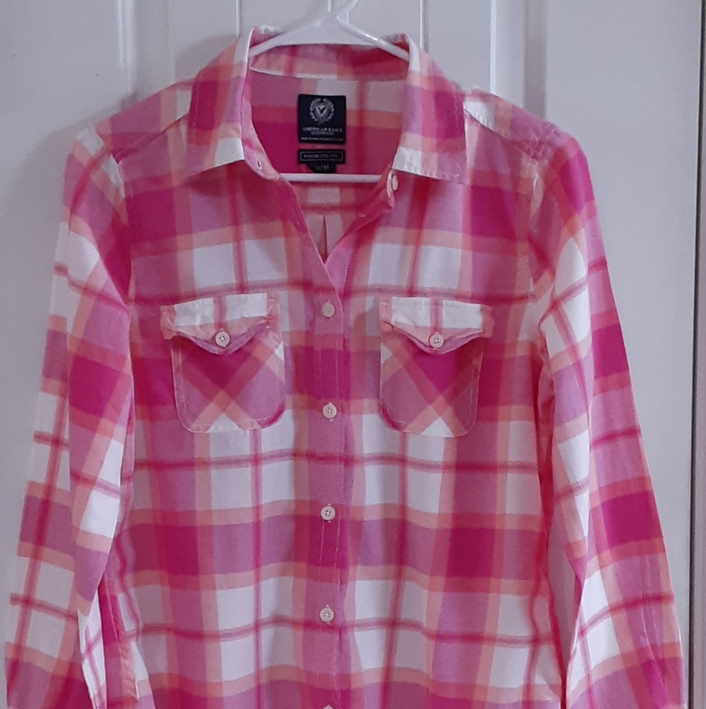 American Eagle Outfitters Pink Plaid Button Down Shirt